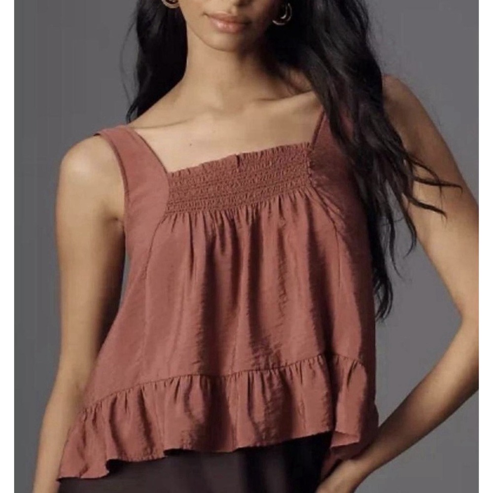 Anthropologie Rust Smocked Square-Neck Tank Top